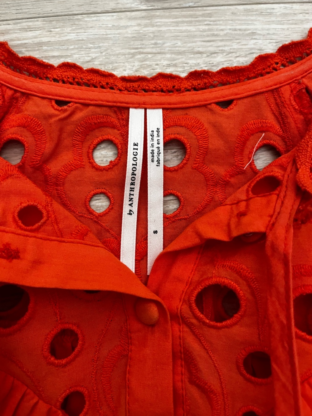 Anthropologie Women’s Chantal Orange Red Eyelet Puff-Sleeve Button Blouse Small - Picture 6 of 12